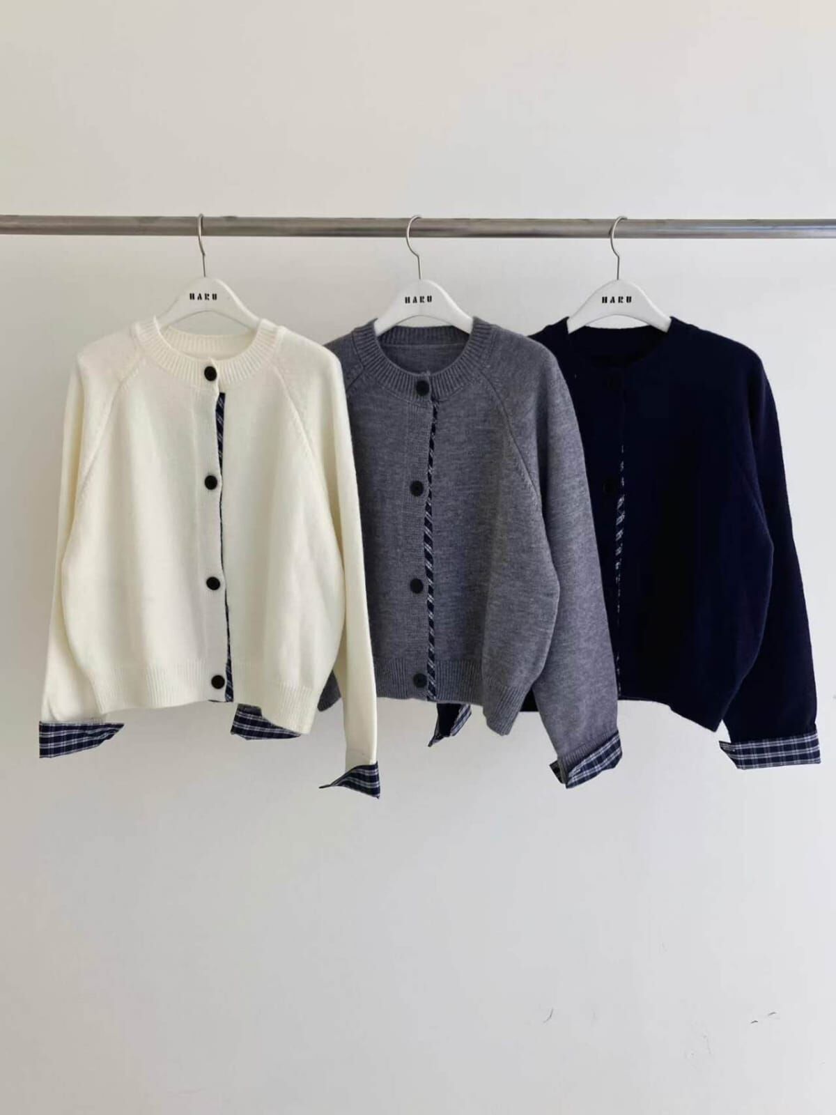 HU5132 格紋拼邊排扣針織棉外套