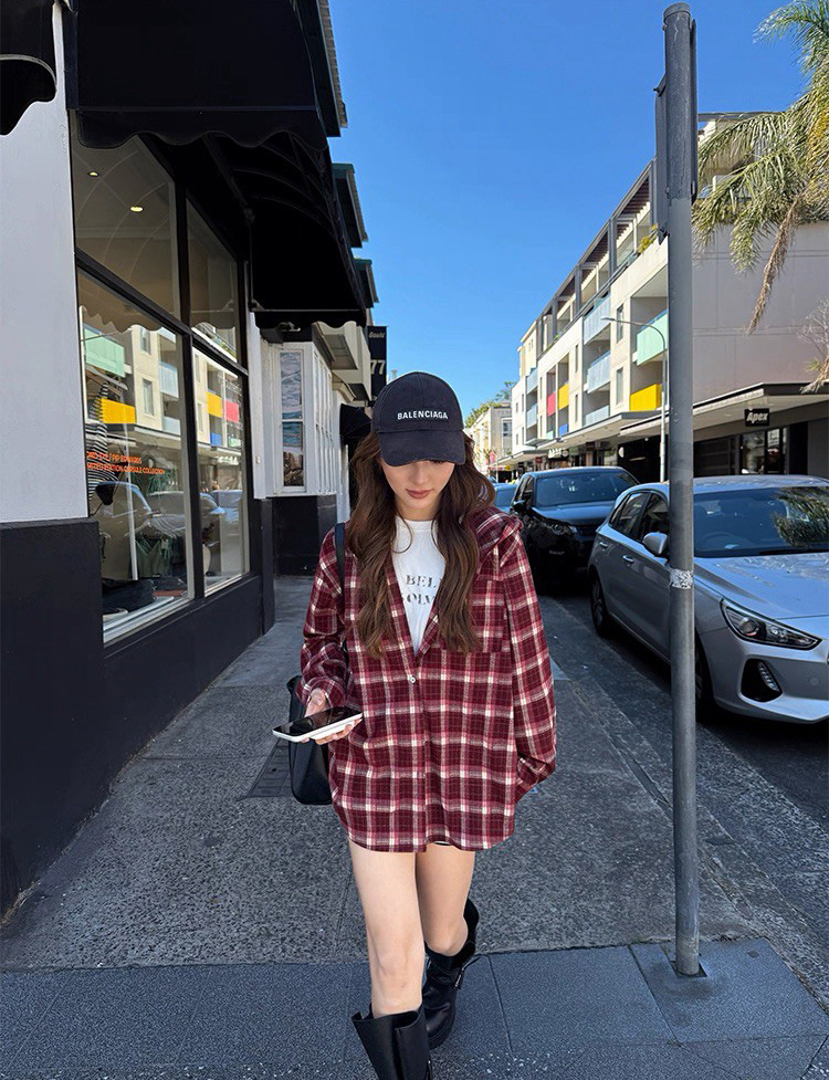慵懶感連帽造型配色格紋襯衫罩衫-S-L / 2色 (Elegant & Love)