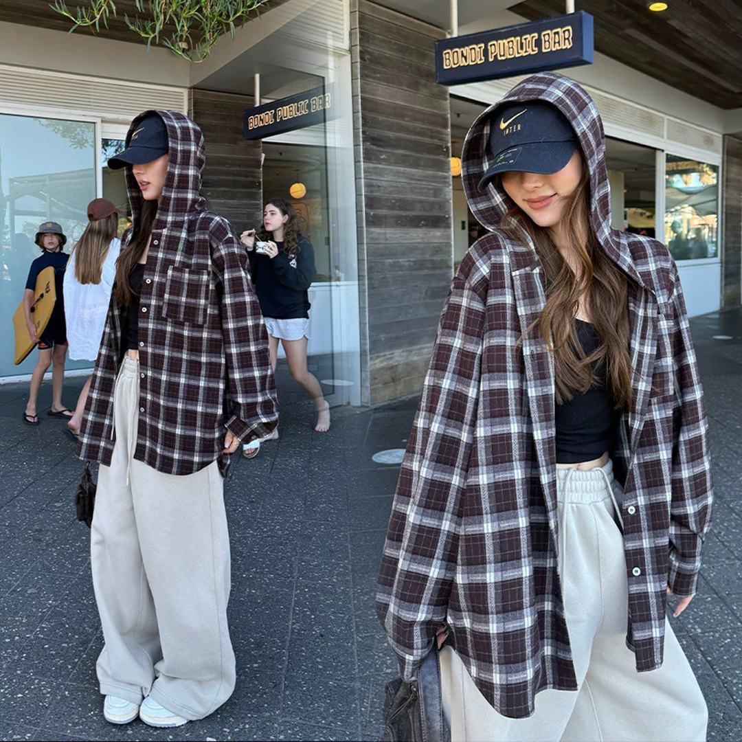 慵懶感連帽造型配色格紋襯衫罩衫-S-L / 2色 (Elegant & Love)