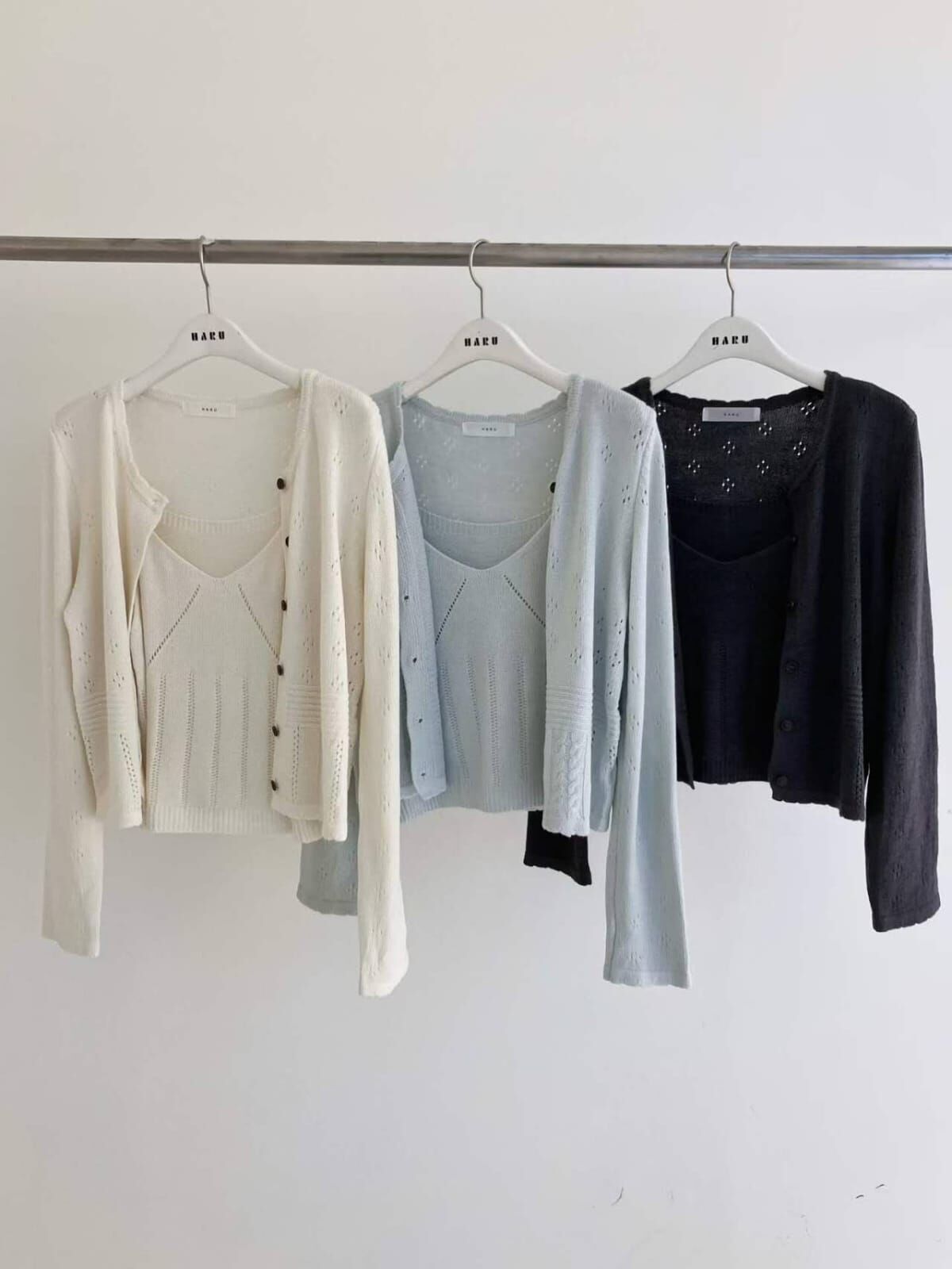 HU5137 小鏤空針織背心排扣薄外套套裝