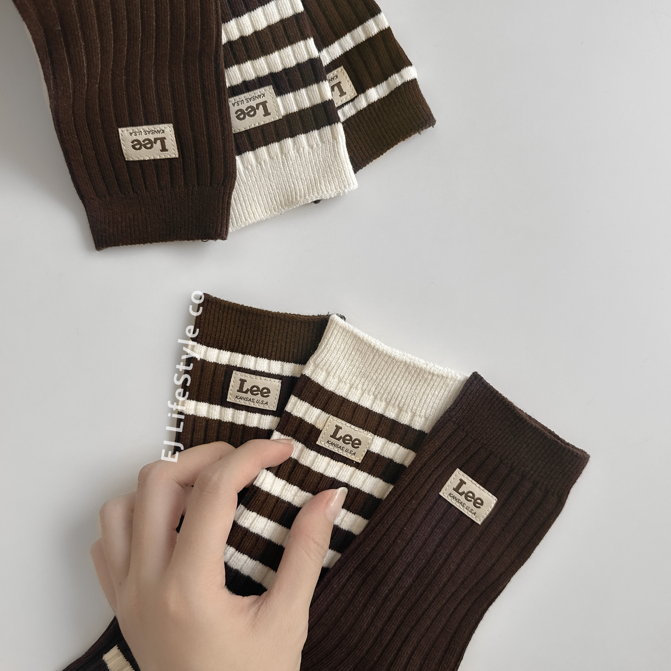 韓國限定 🇰🇷 LEE 襪子禮盒 小標LOGO 巧克力色 奶油 條紋 一組三入 / 現貨
