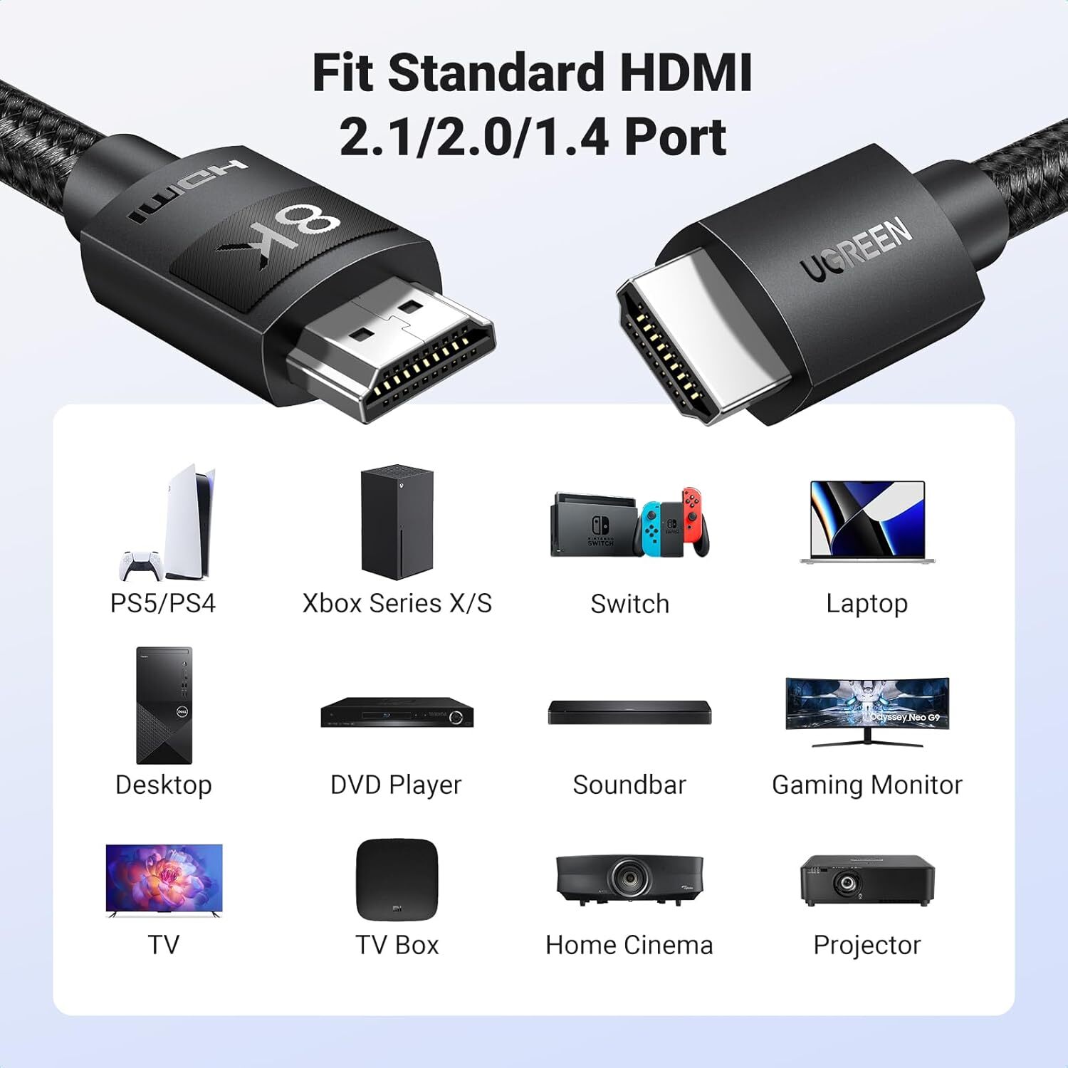 UGREEN - HDMI 2.1認證線，48Gbps頻寬，支持無損8K(7680x4320)視頻傳輸 - 2M (40180-HD150)