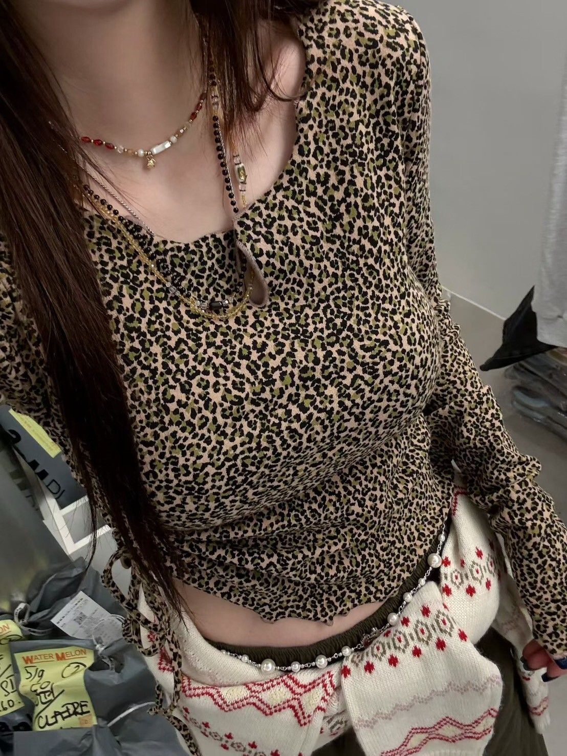 豹紋抽繩合身上衣