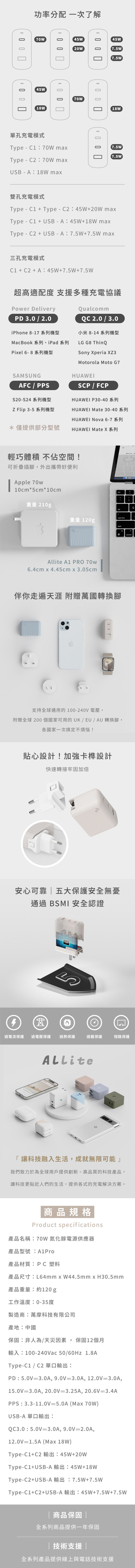 Allite A1 PRO 70W 1A+2C 氮化鎵三孔快充的商品敘述