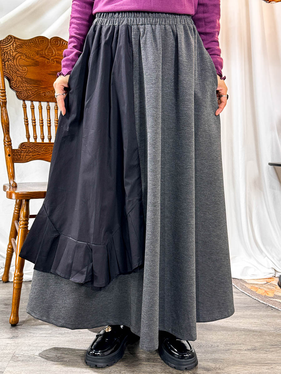 ⬇️開倉低至半價😱FINALSALE📣 橡根腰．單邊百摺恤衫料．拼色雙面料半截裙 (有袋)【不設退換】