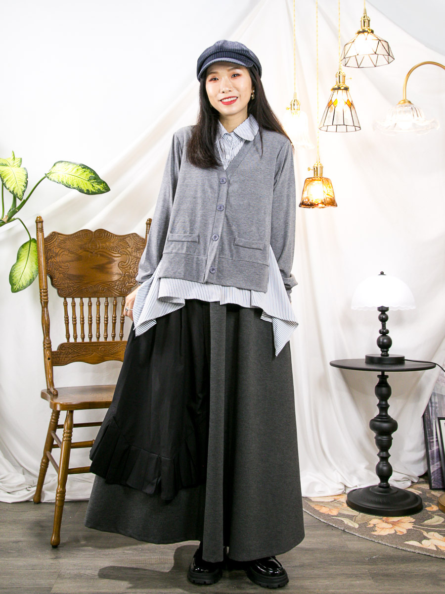 ⬇️開倉低至半價😱FINALSALE📣 橡根腰．單邊百摺恤衫料．拼色雙面料半截裙 (有袋)【不設退換】