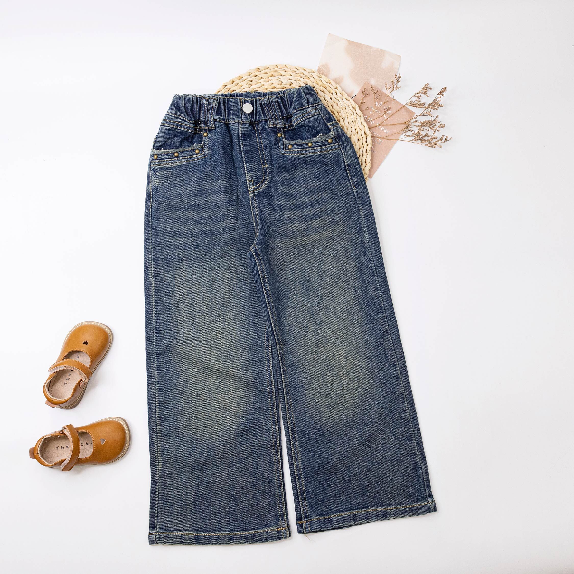 【H55530】復古刷色鉚釘口袋牛仔褲