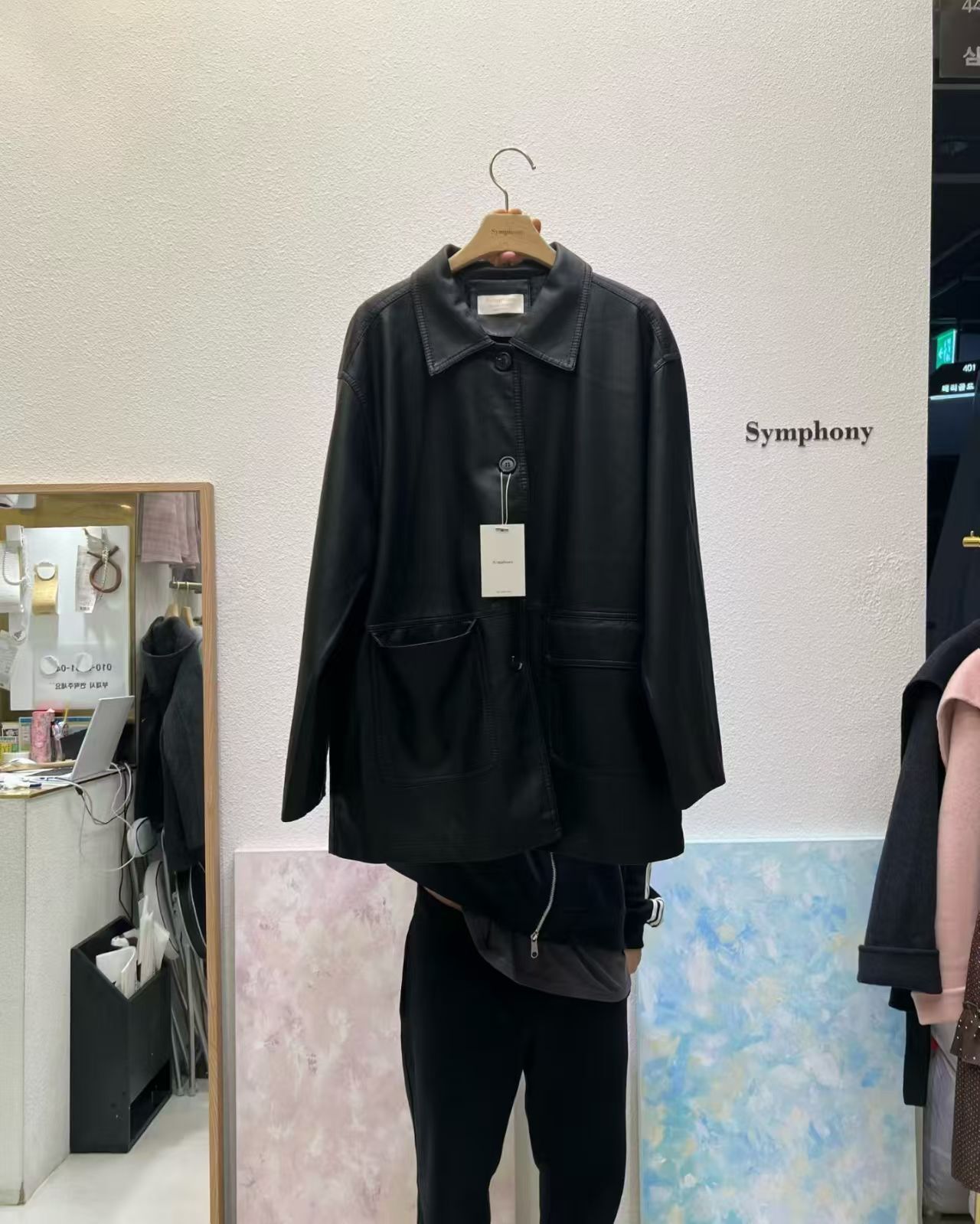 SY5122 翻領雙口袋排扣型格皮外套