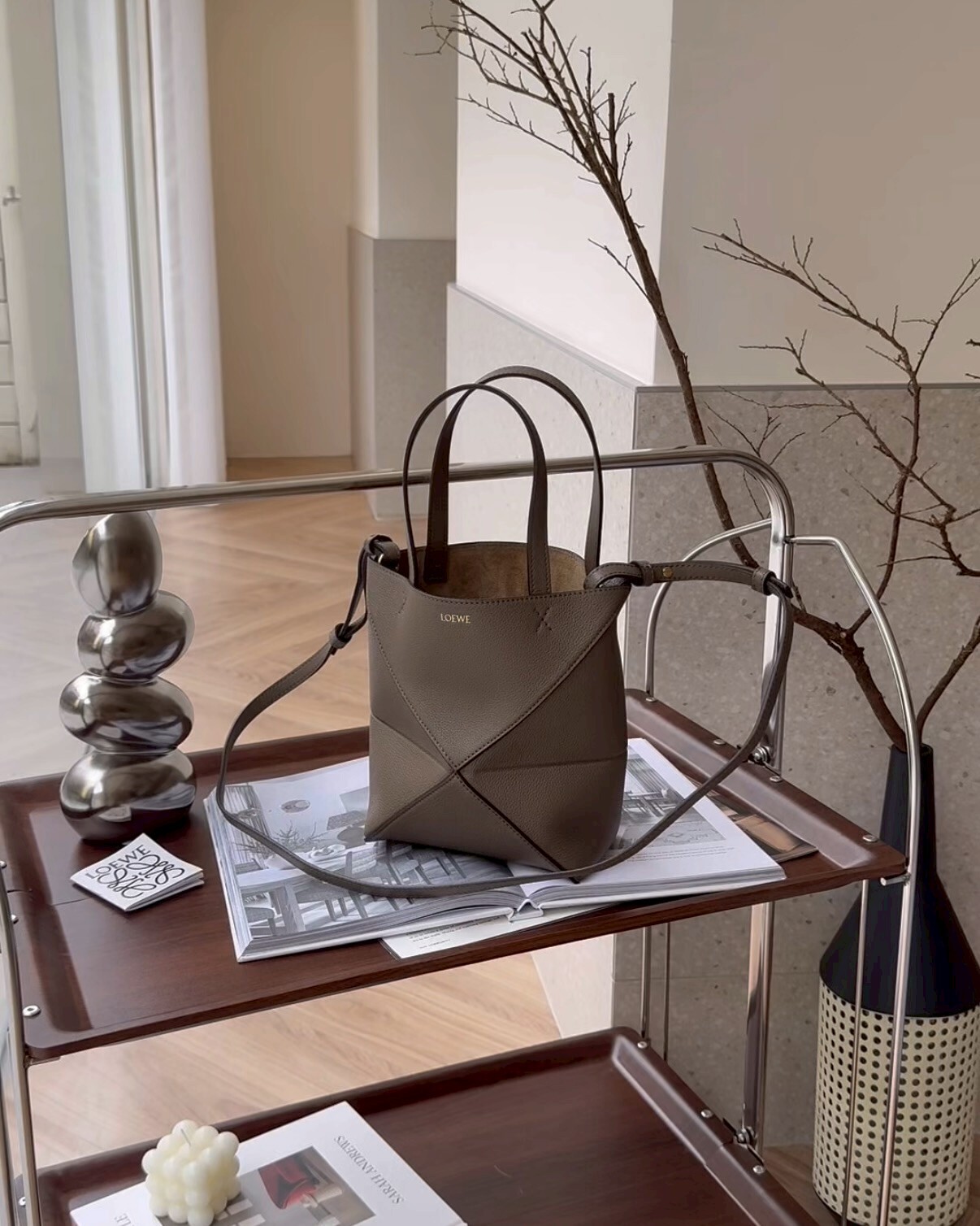 LOEWE｜粒面迷你PUZZLE FOLD 迷你托特包 灰褐色