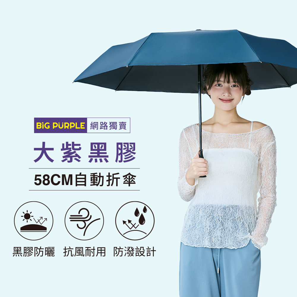 BigPurple 大紫黑膠58CM自動折傘，輕鬆遮雨擋陽