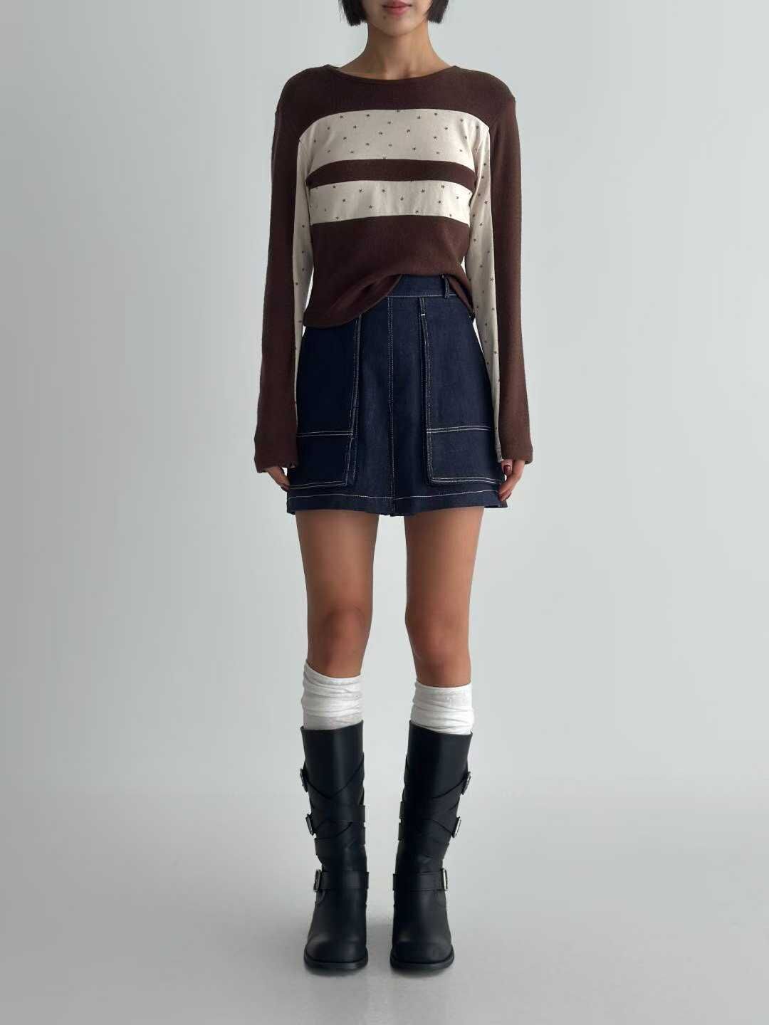 IO5131 梯形拼接牛仔短裙(S/M/L)