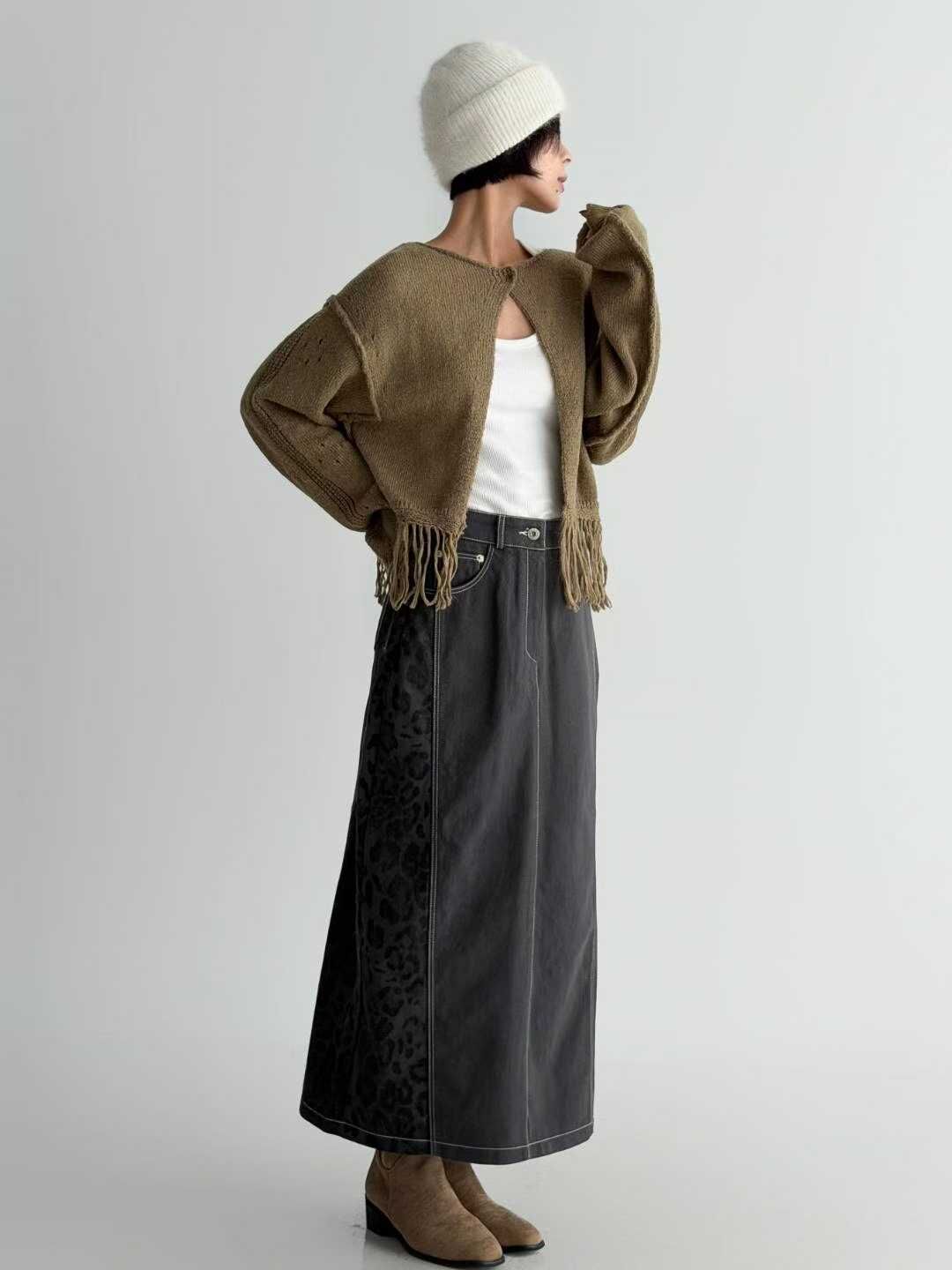 IO5121 拼接豹紋牛仔長裙(S/M/L)