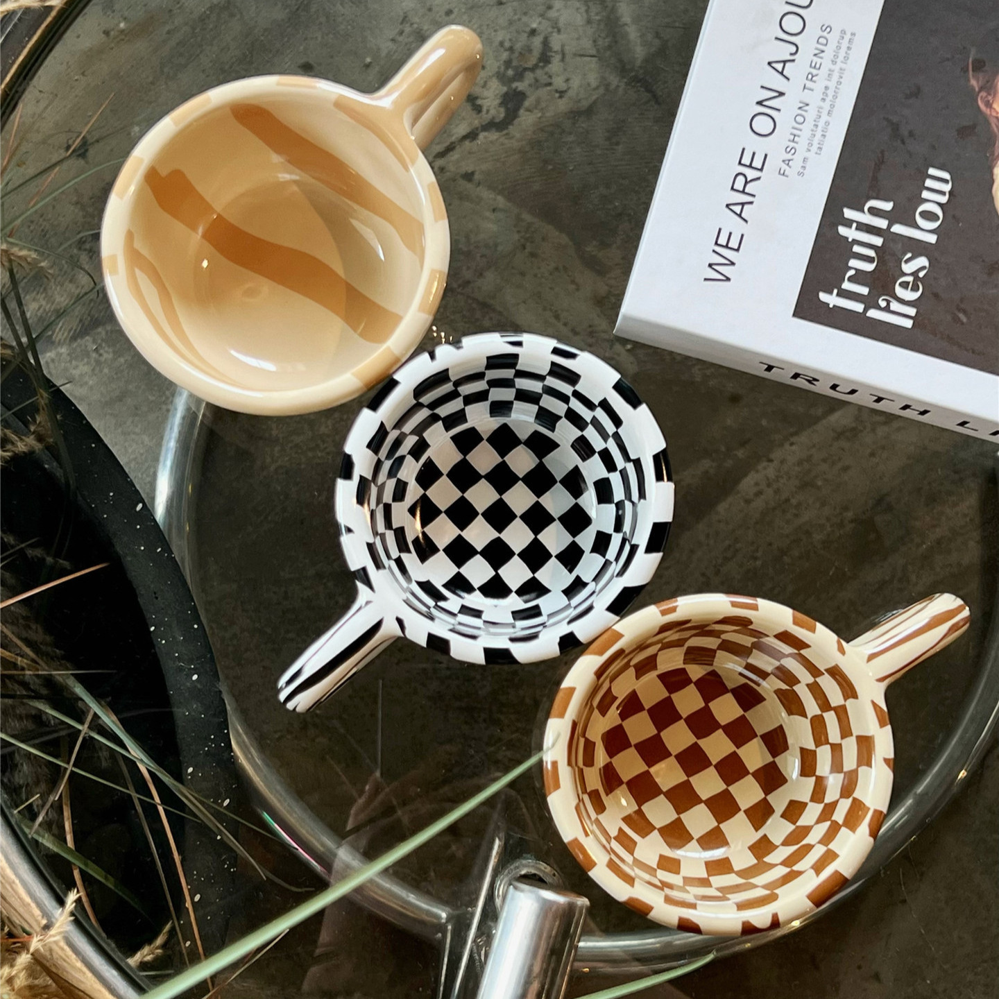 《6342》復古ins棋盤格咖啡杯  170ml