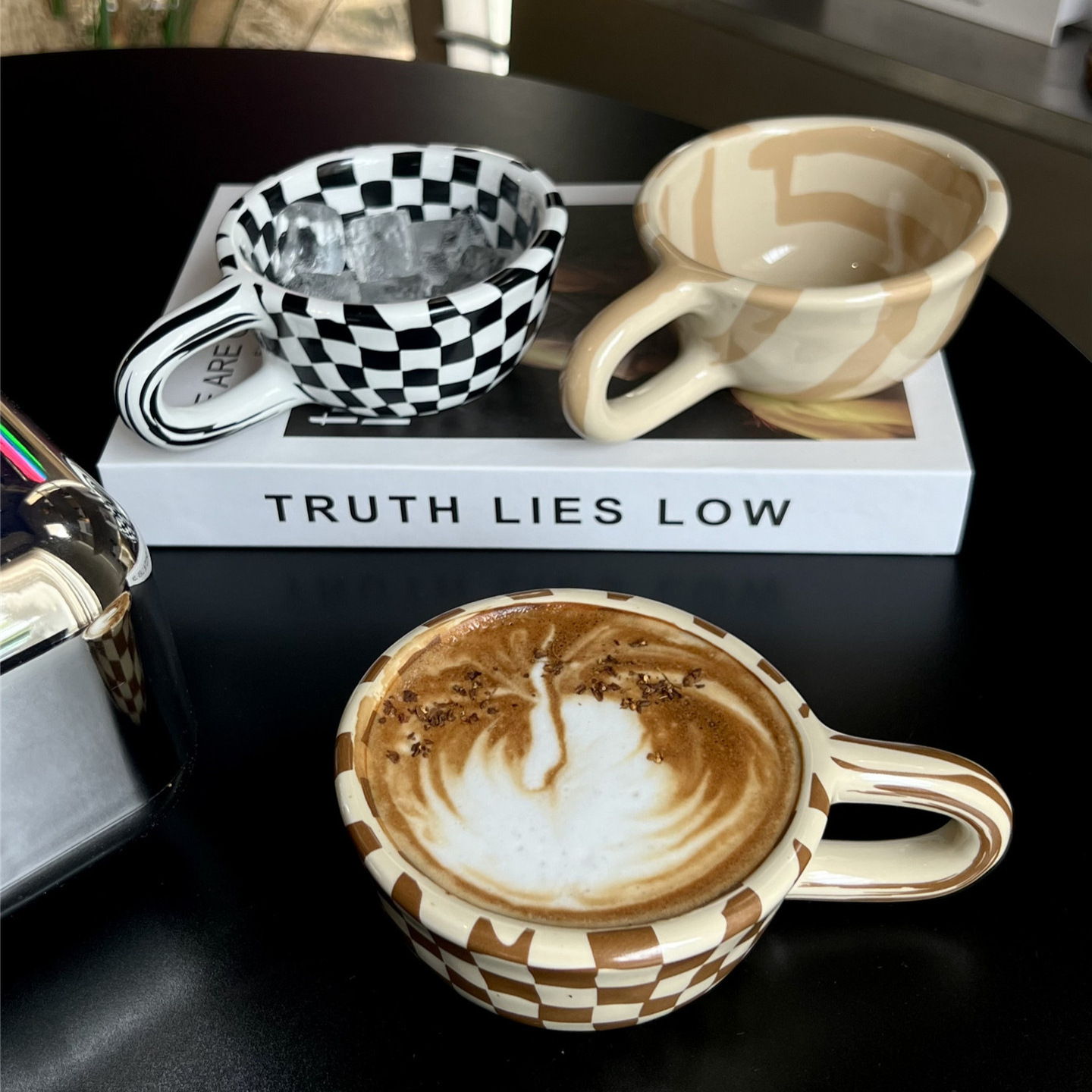 《6342》復古ins棋盤格咖啡杯  170ml