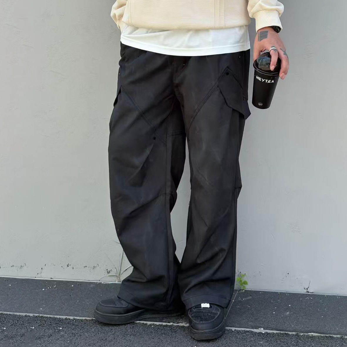 XCTRL 復古刷舊工裝長褲-黑