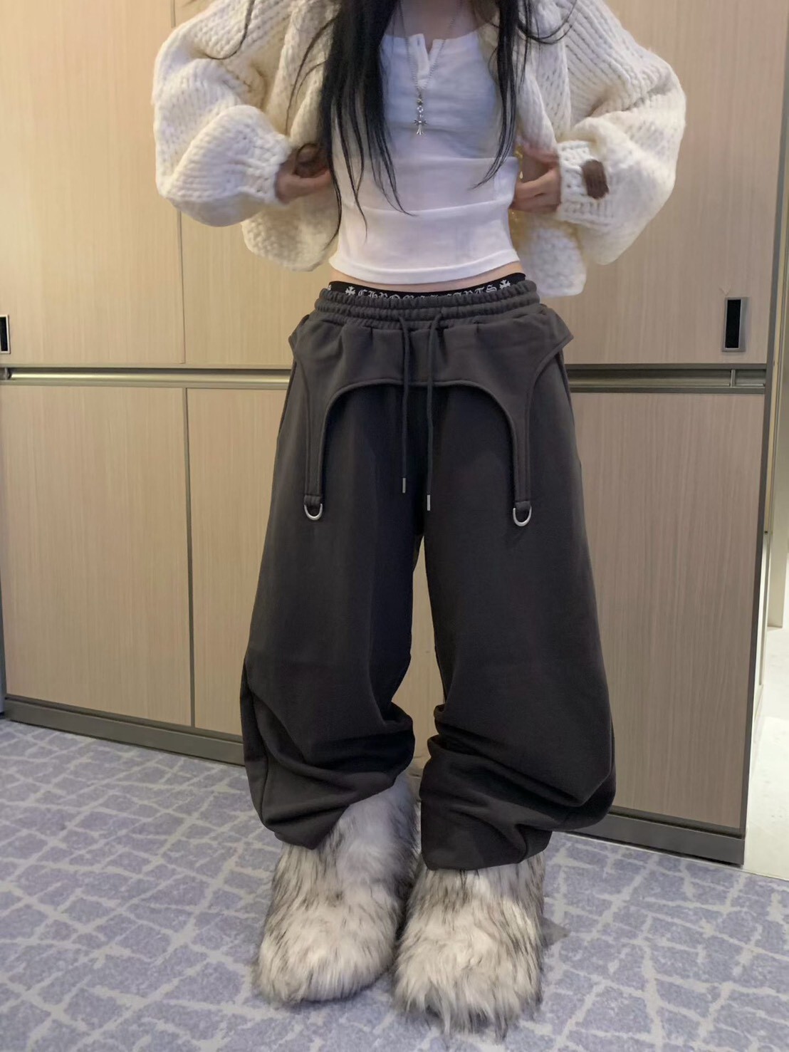 掛帶休閒寬棉褲