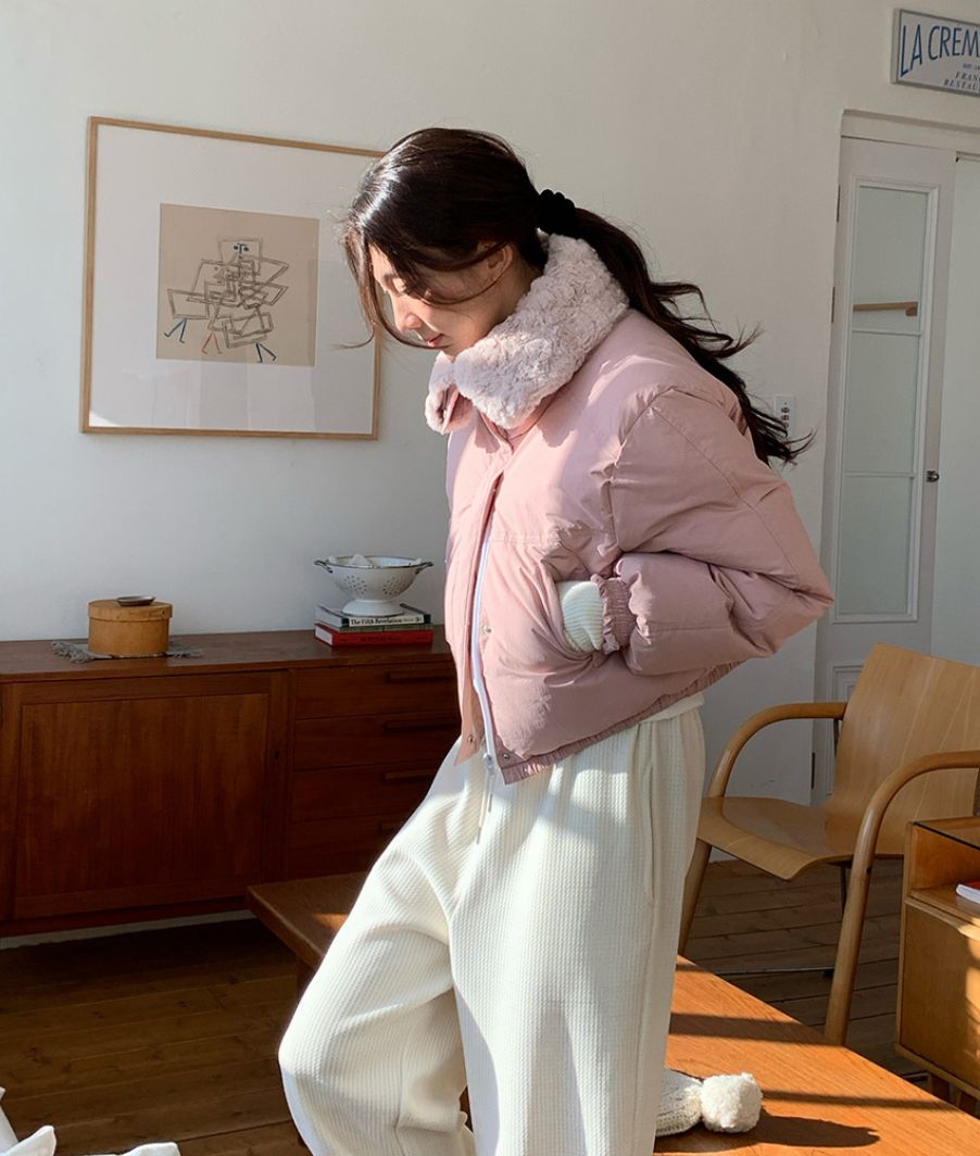 毛毛領口短版羽絨