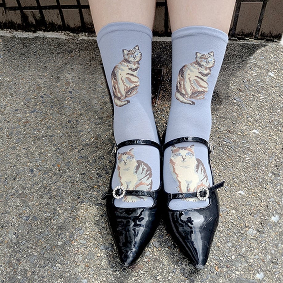 復古貓圖案短襪