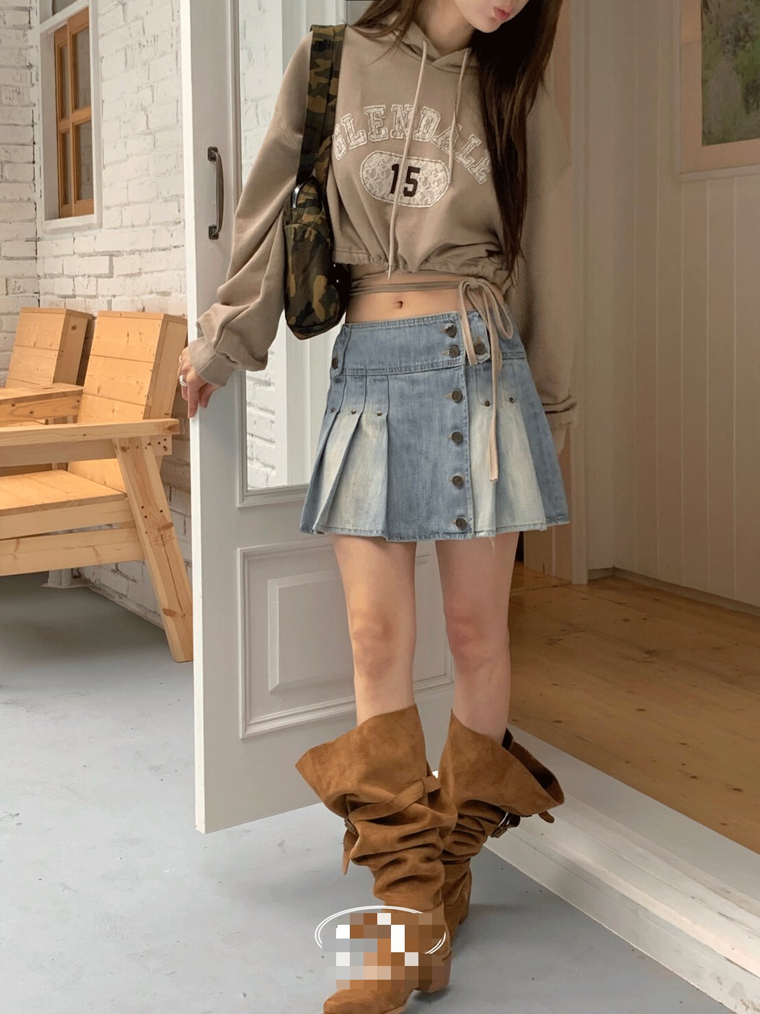 牛仔側釦刷色百褶短裙