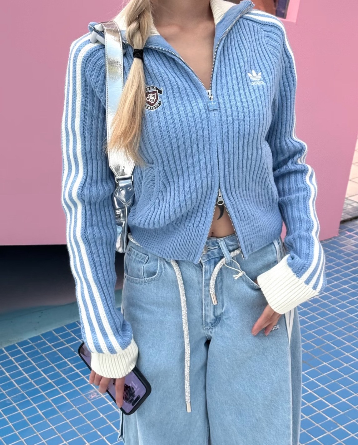 ADIDAS ORIGINALS TEAM FULLZIP 針織 雙拉鍊 外套 水藍 寶寶藍 宋雨琦同款 女款KF0719