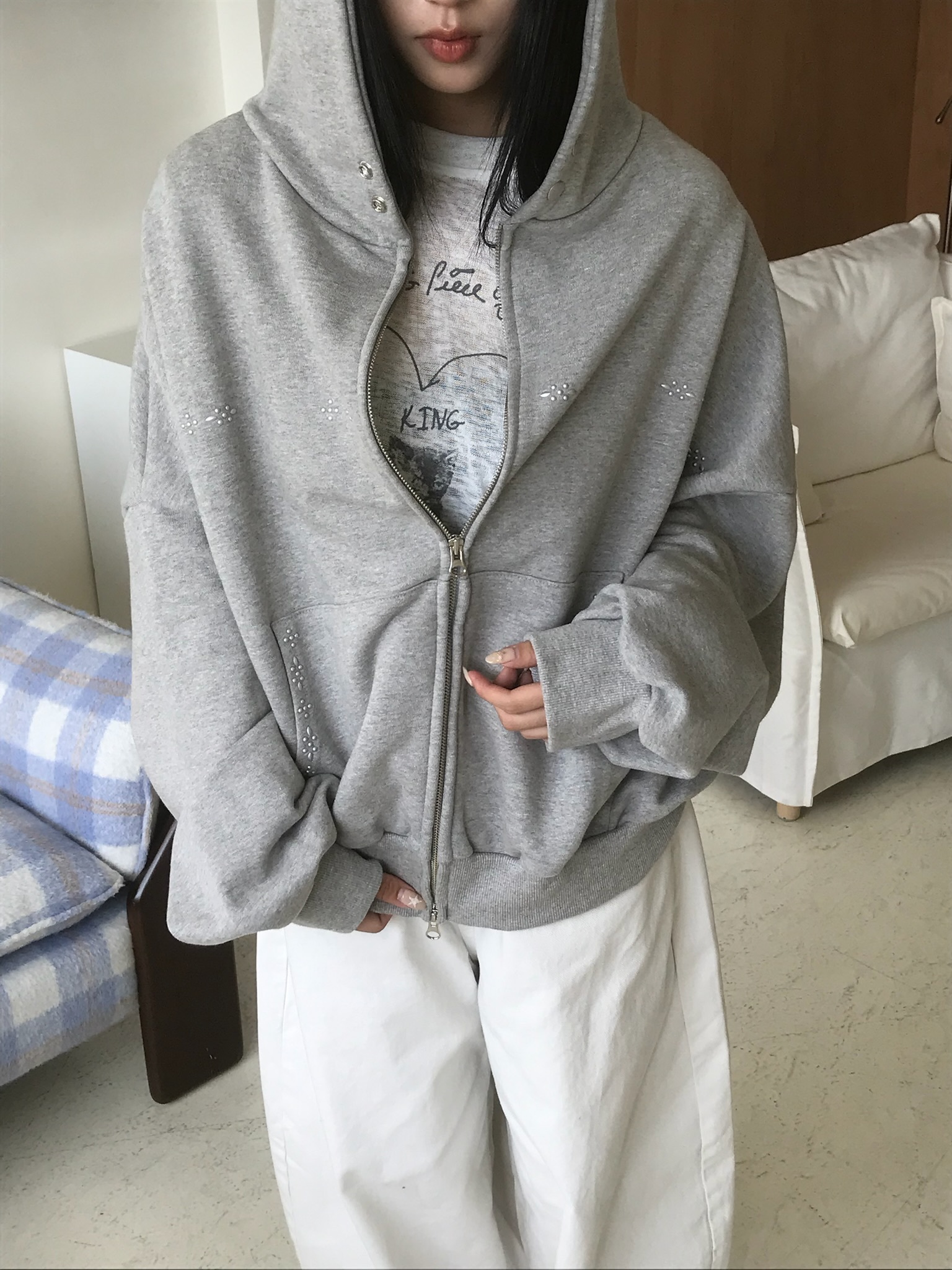 【Unisex】Stud Hood Zip Up #外套