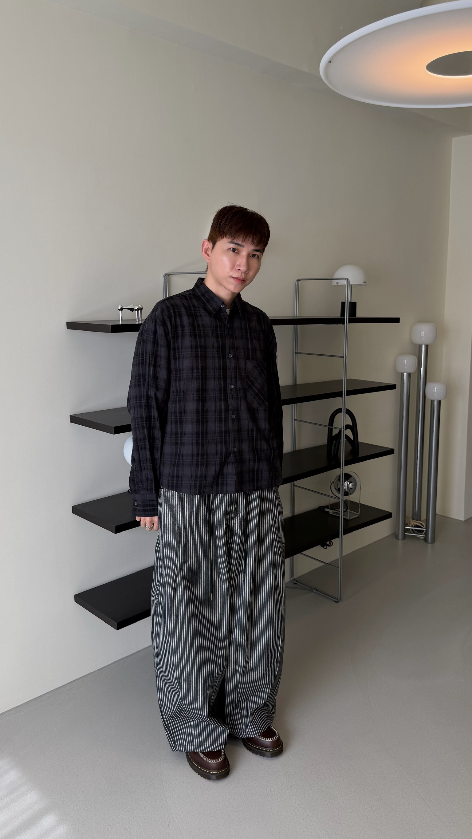 毛呢格紋短版襯衫