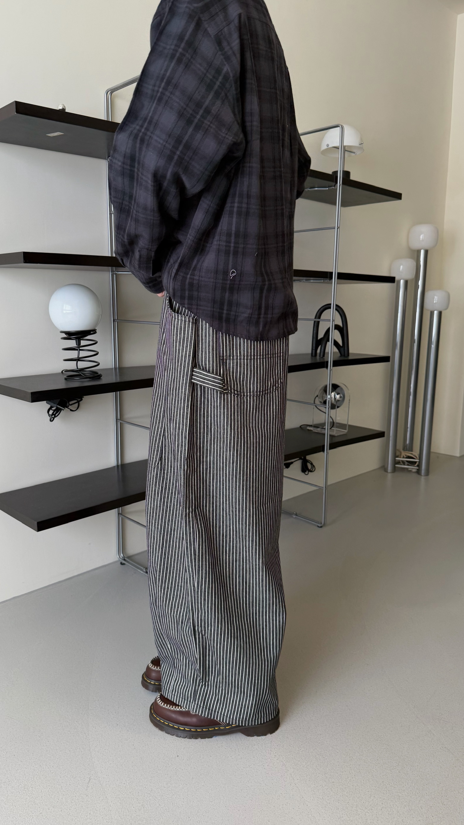 直紋繭型工作寬褲