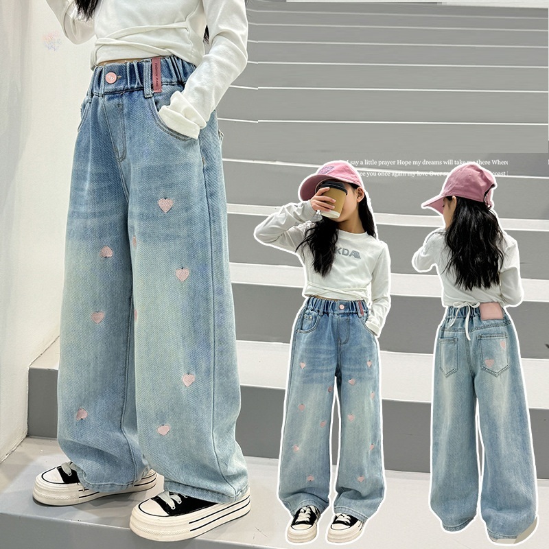愛心刺繡牛仔直筒牛仔褲 120-170cm