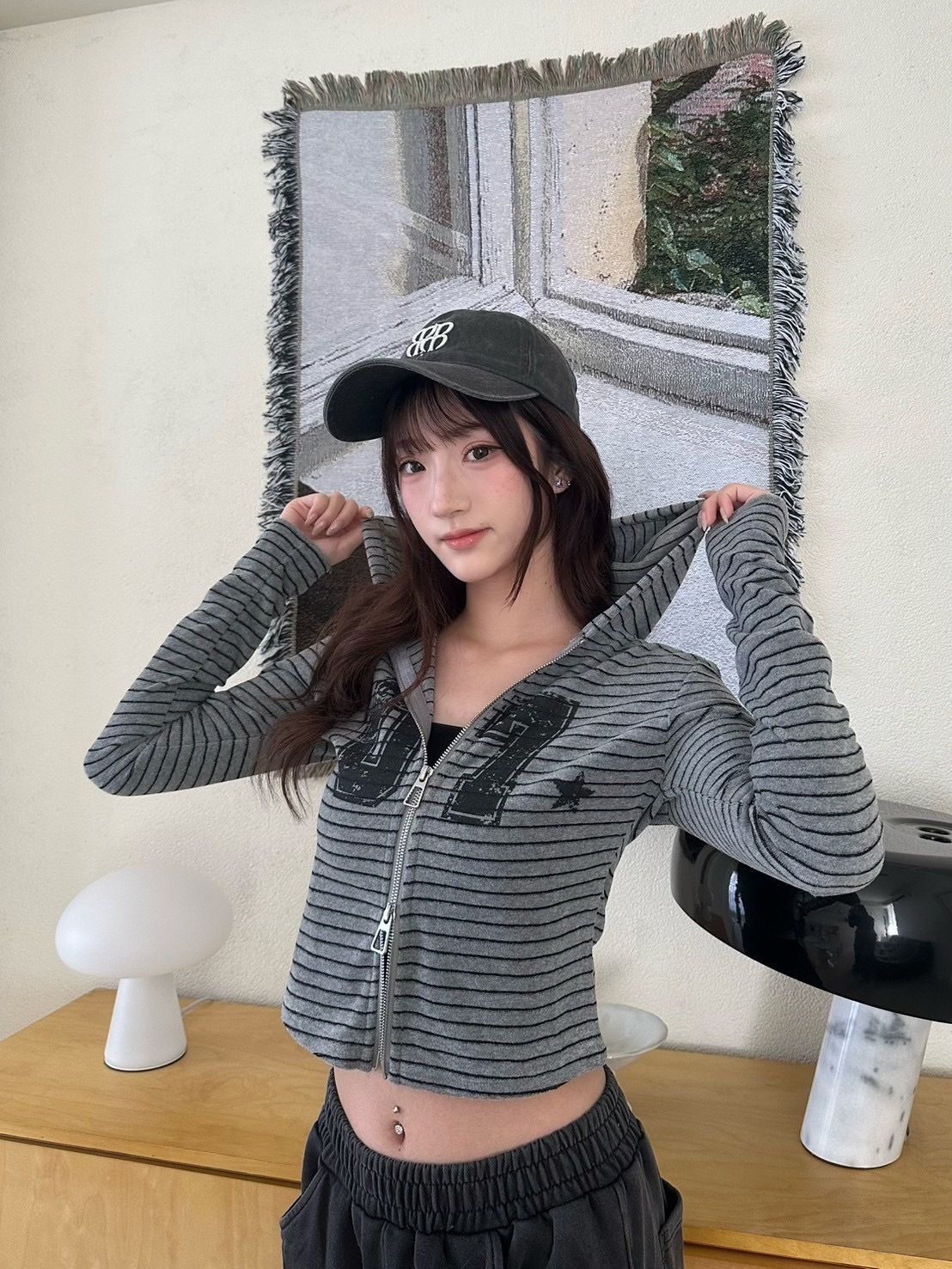 mmb條紋拉鍊連帽上衣