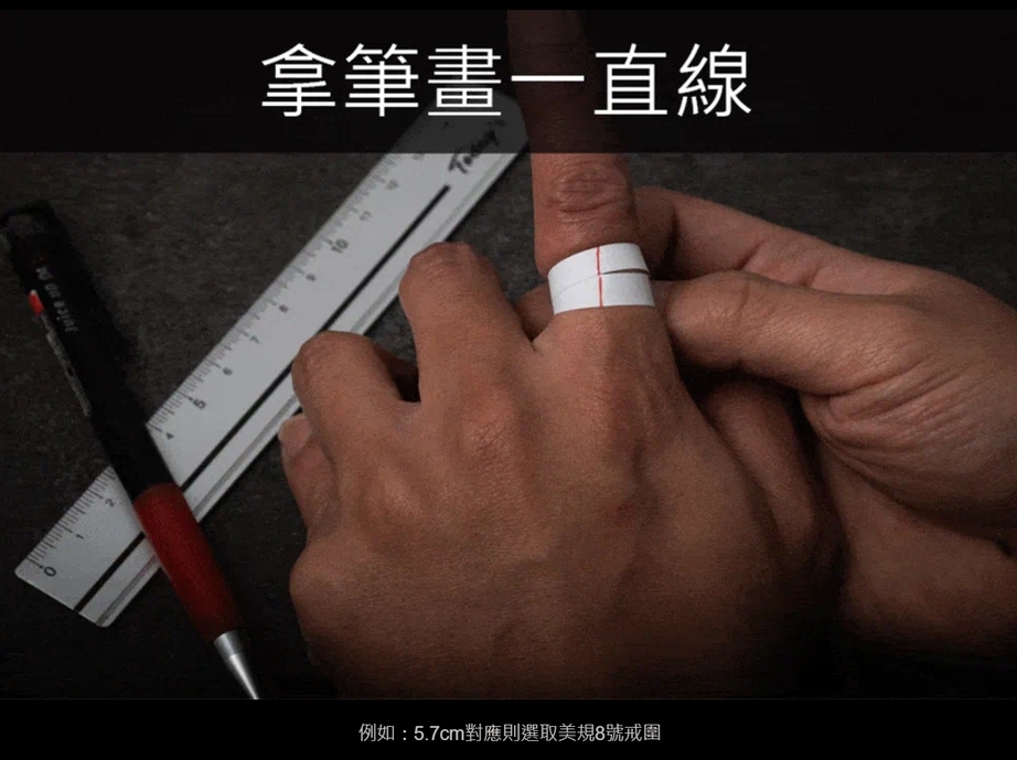 紙條量戒圍示意：將無彈性紙條貼合繞指根，交會處拿筆畫一直線做記號，旁置毫米直尺便於攤平量長；示例 5.7 cm ≈ 美規 8 號戒圍。戒指尺寸/戒圍量測步驟教學。