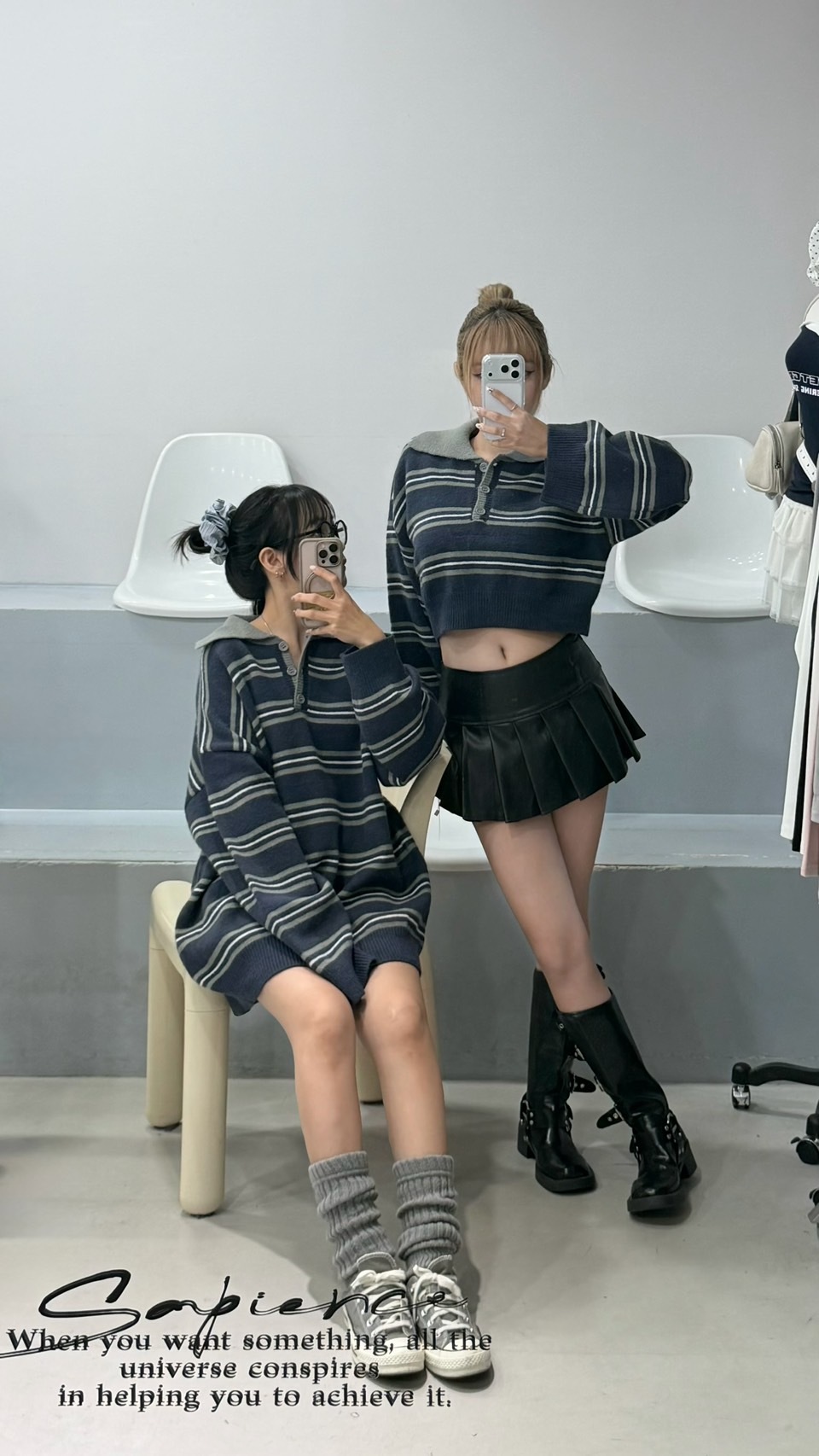 mmb灰霧藍條紋情侶翻領毛衣