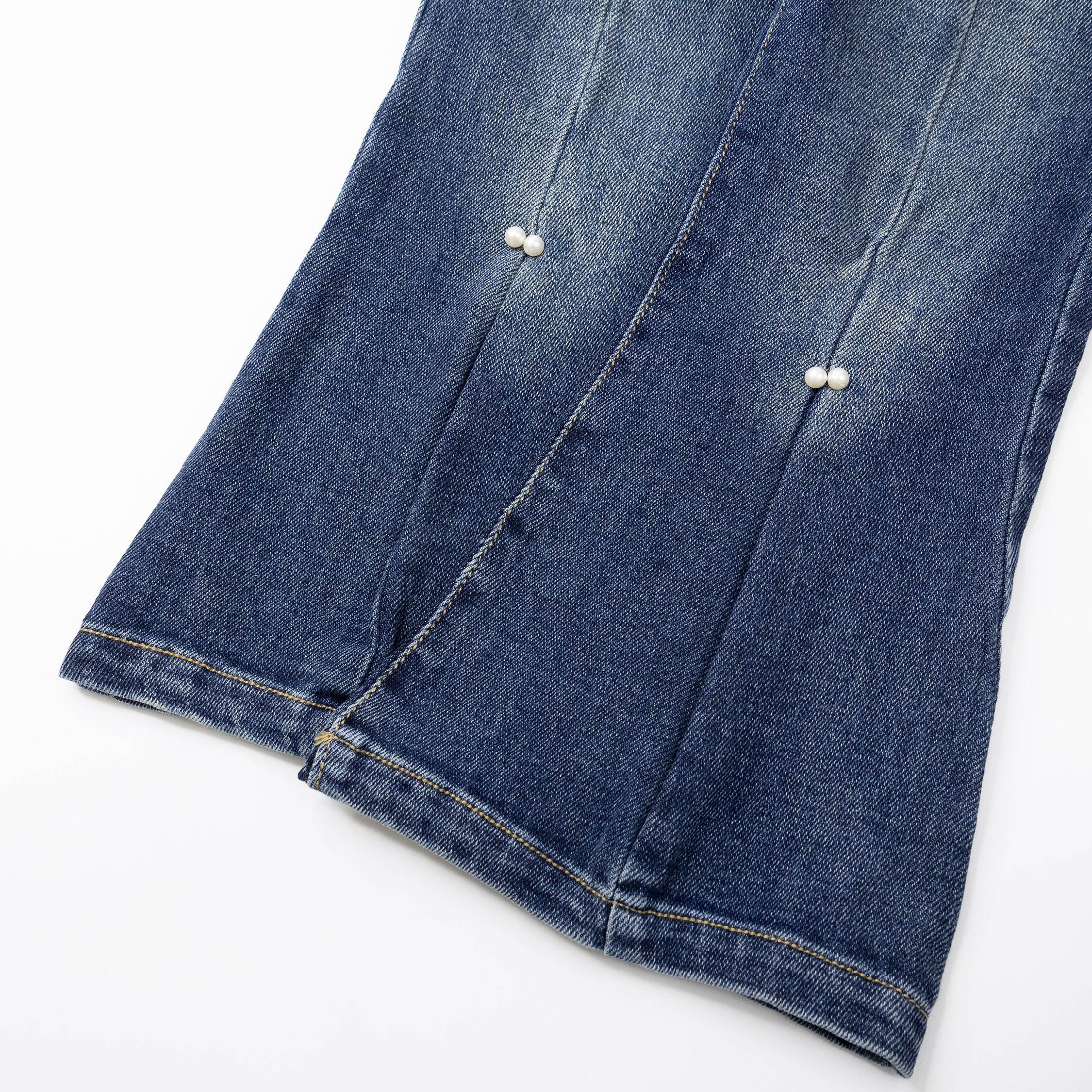 【H55537】優雅珍珠微喇叭牛仔褲