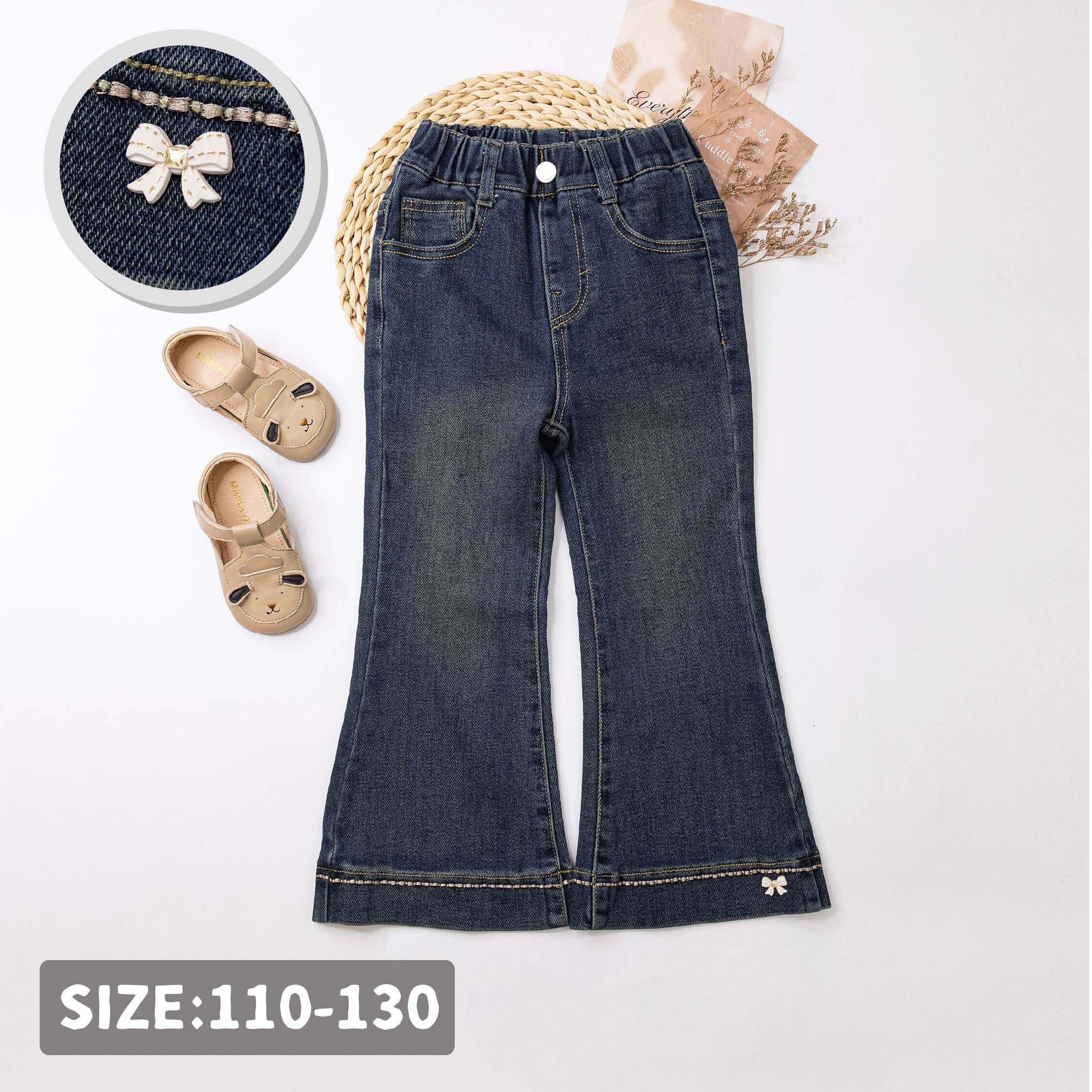 【H55539】甜美立體蝴蝶結微喇叭牛仔褲