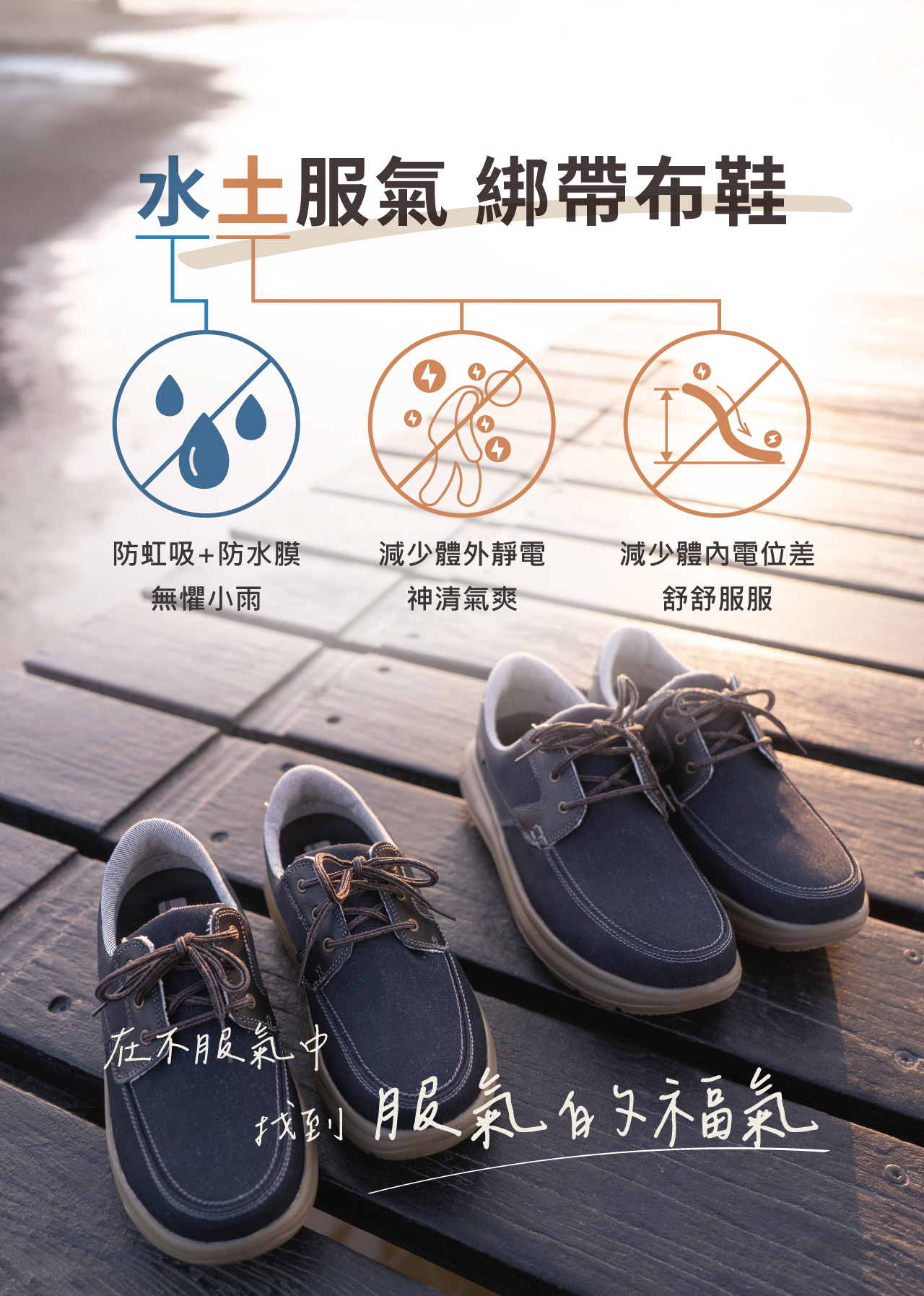 USTINI 我挺你健康鞋 水土服氣綁帶布鞋 防虹吸+防水膜無懼小雨 減少體外靜電 身清氣爽