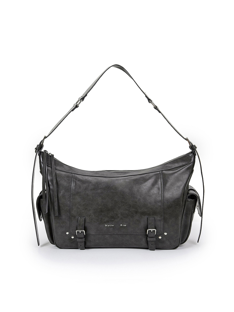 鉚釘細節皮革大容量肩背包 炭灰