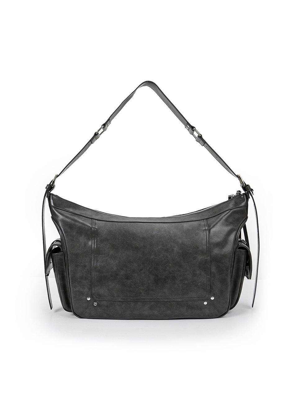 鉚釘細節皮革大容量肩背包 炭灰