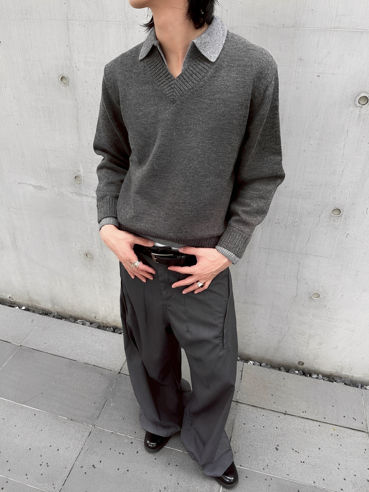 秋冬 復古 V領 寬鬆 假兩件 毛衣