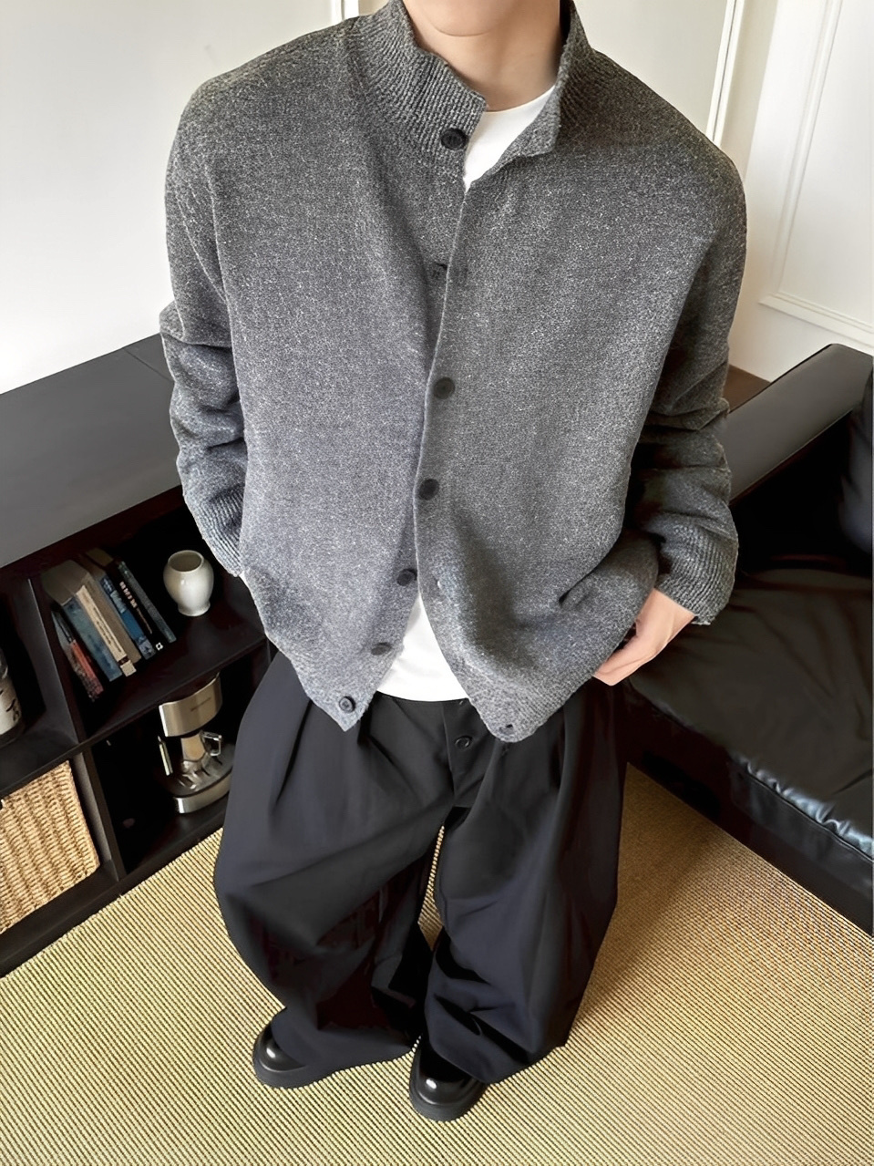 秋冬 灰色 立領 針織 開衫 慵懶風 外套