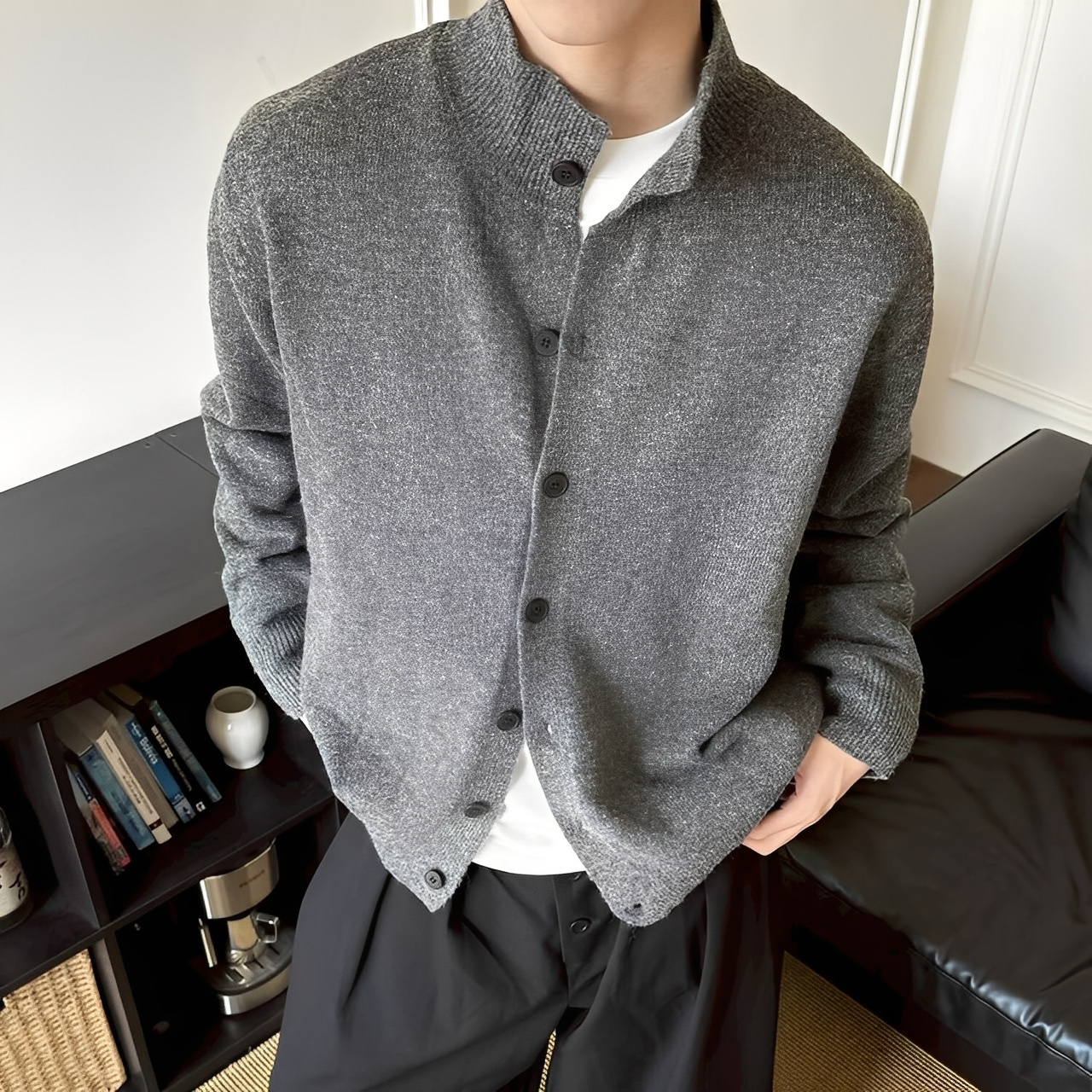 秋冬 灰色 立領 針織 開衫 慵懶風 外套