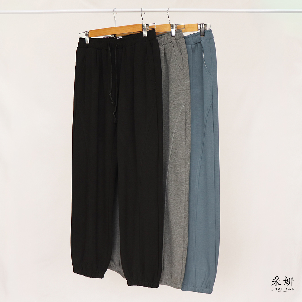 素色舒適空氣棉鬆緊抽繩休閒長褲