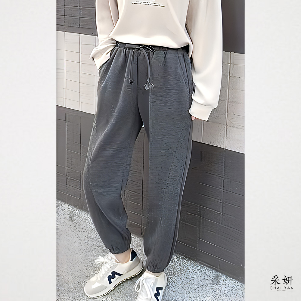 素色舒適空氣棉鬆緊抽繩休閒長褲