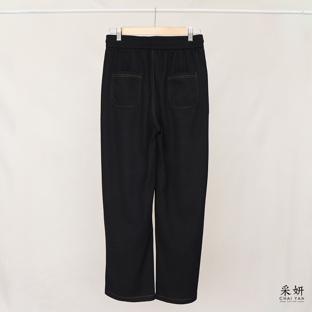 跳色縫線軟牛仔鬆緊抽繩直筒長褲