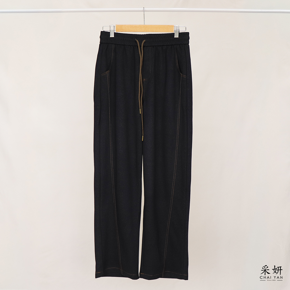 跳色縫線軟牛仔鬆緊抽繩直筒長褲