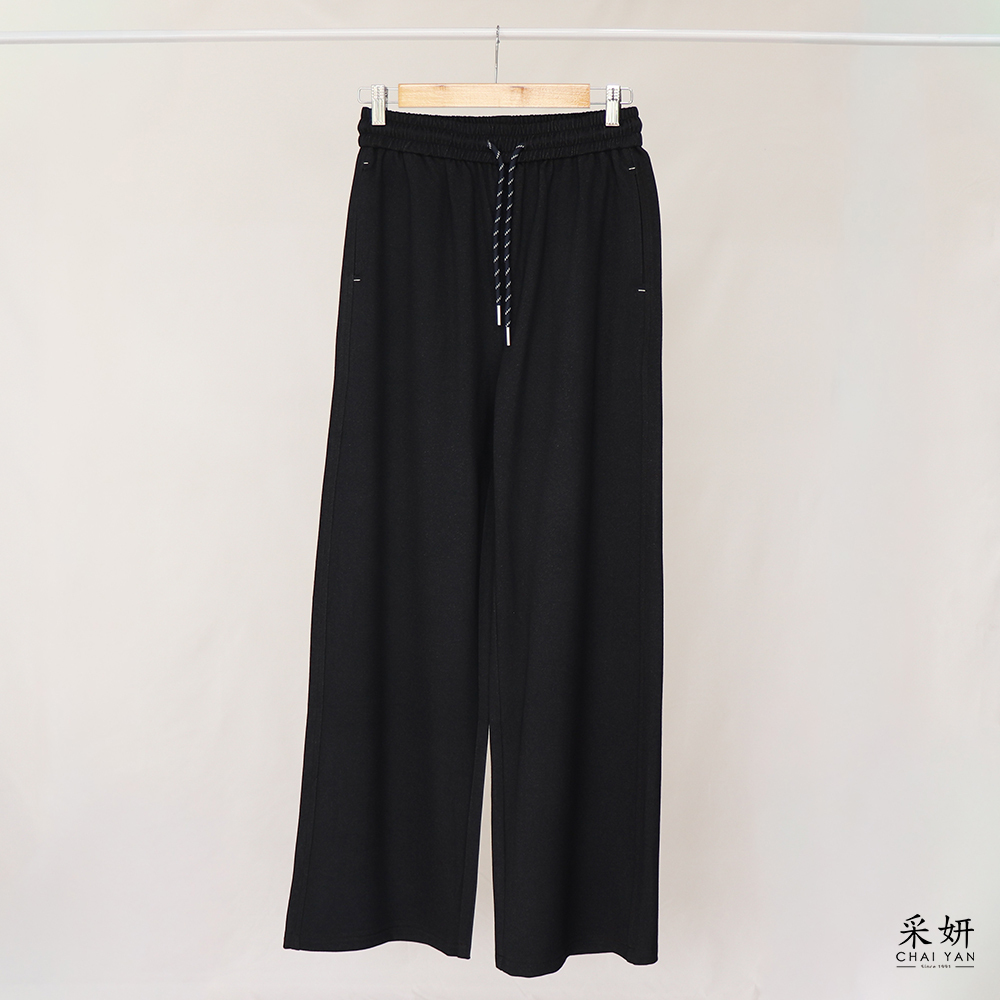 跳色縫線軟牛仔鬆緊抽繩直筒長褲