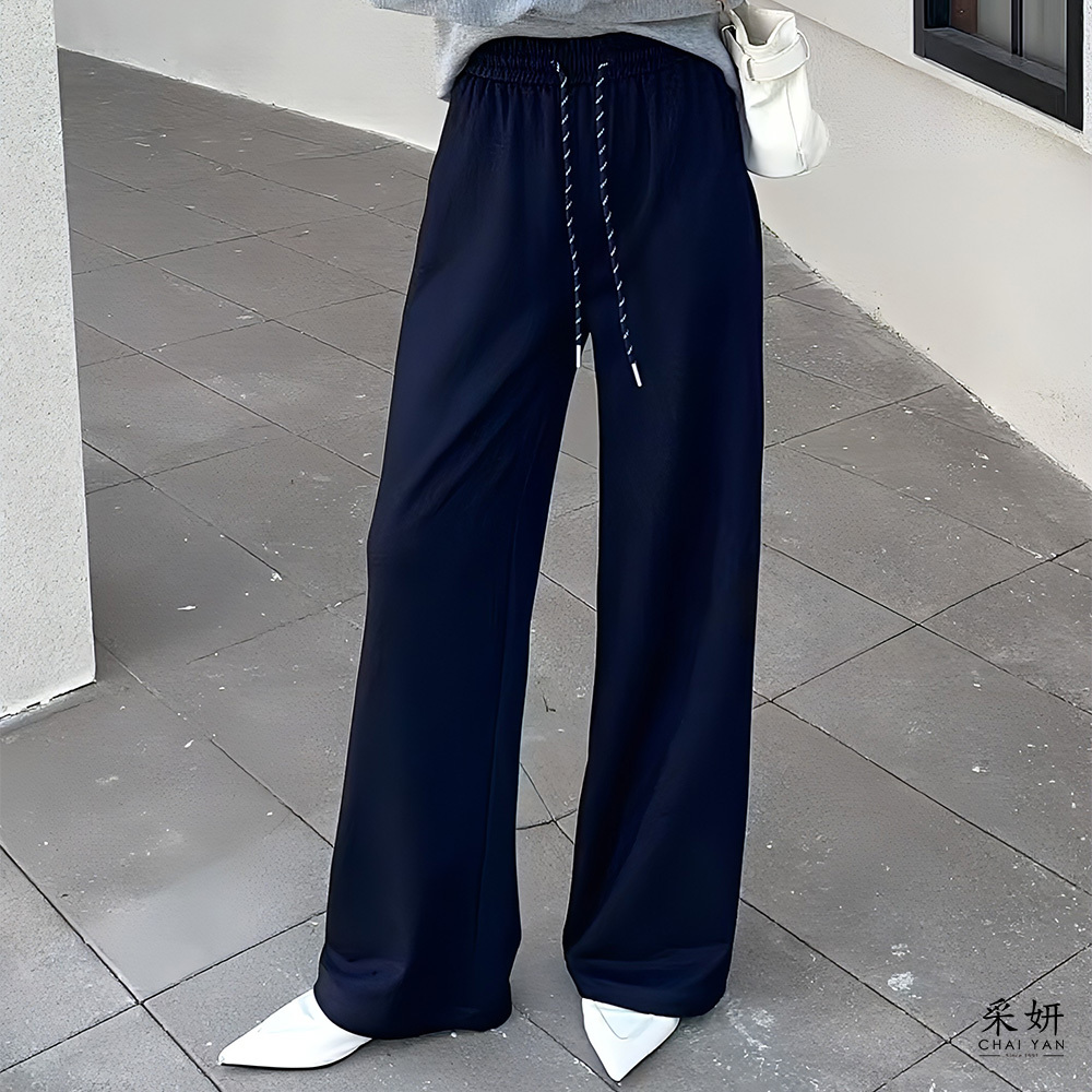 跳色縫線軟牛仔鬆緊抽繩直筒長褲