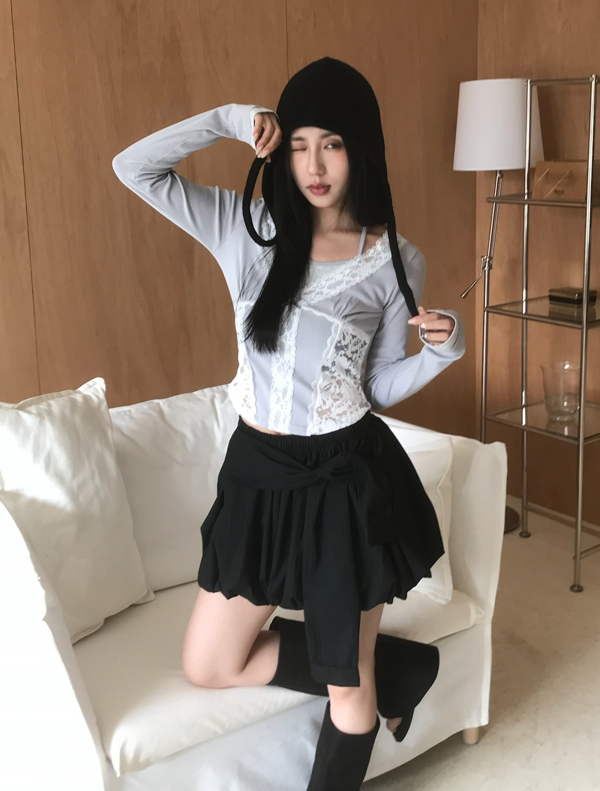 直條紋綁帶百摺短裙 (售完不補)