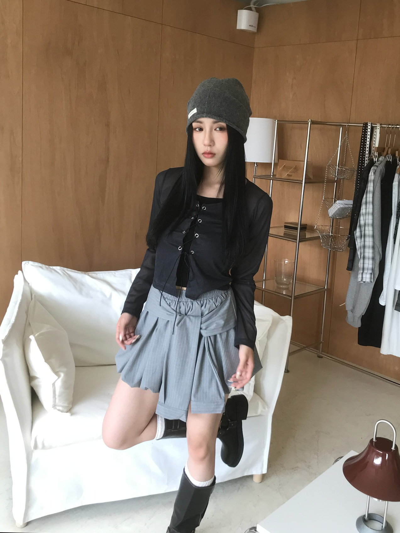 直條紋綁帶百摺短裙 (售完不補)