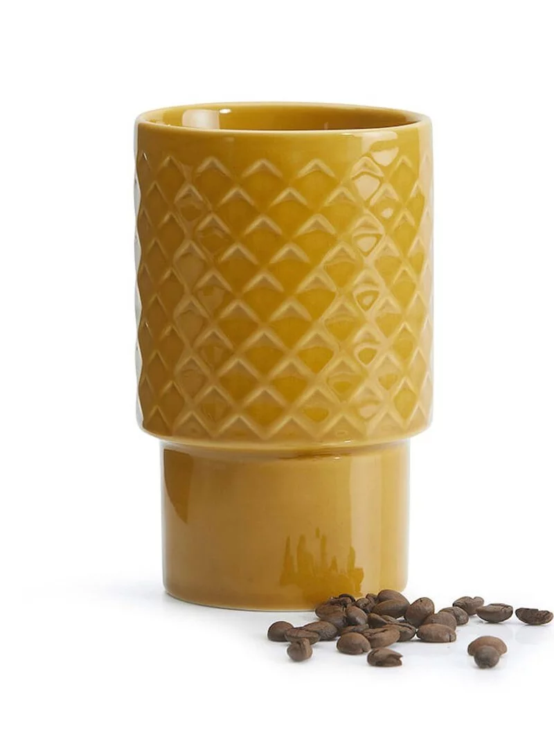 Sagaform-Coffee & More 拿鐵杯,黃色款,菱格紋浮雕經典圖騰設計