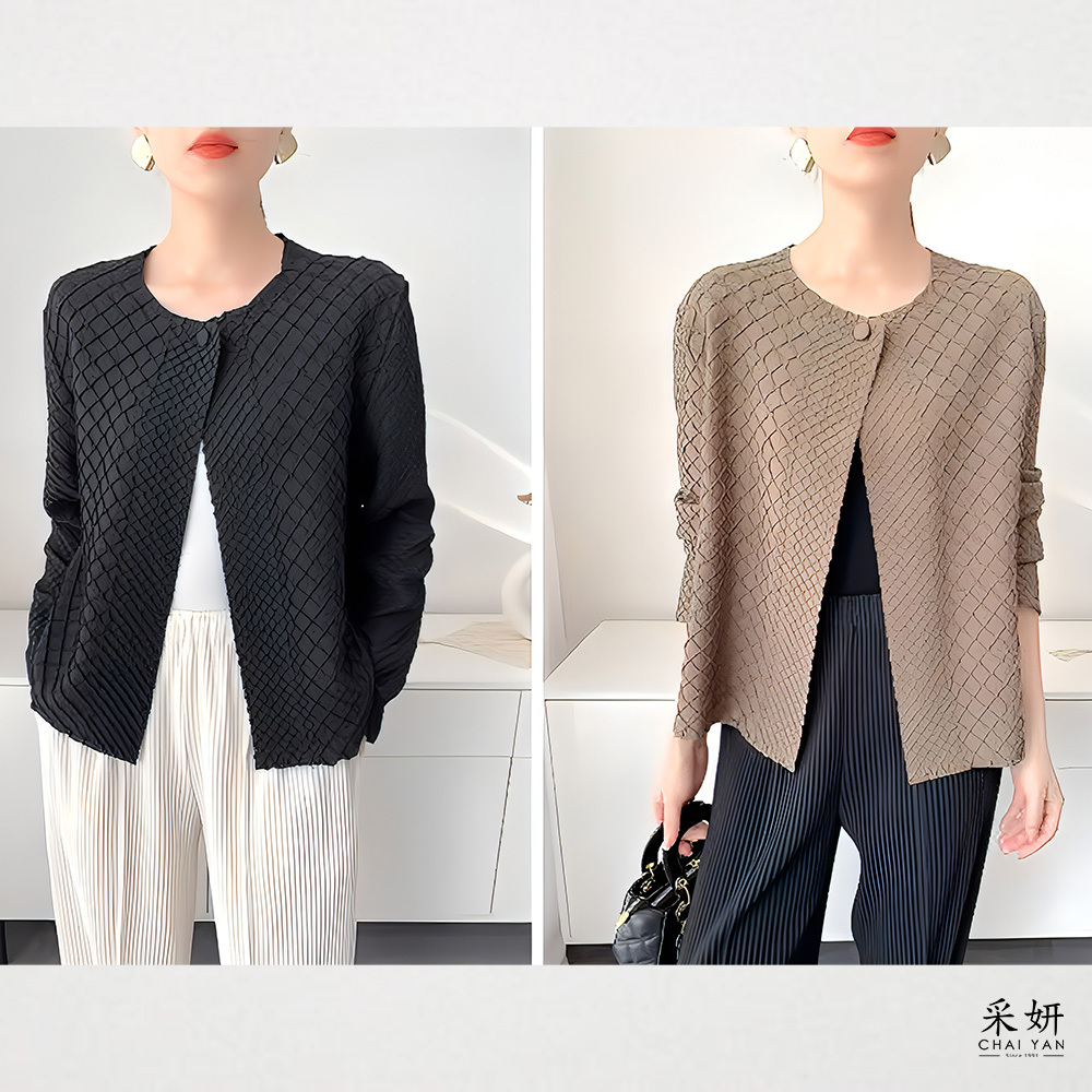 菱形壓褶花紋圓領長袖外套