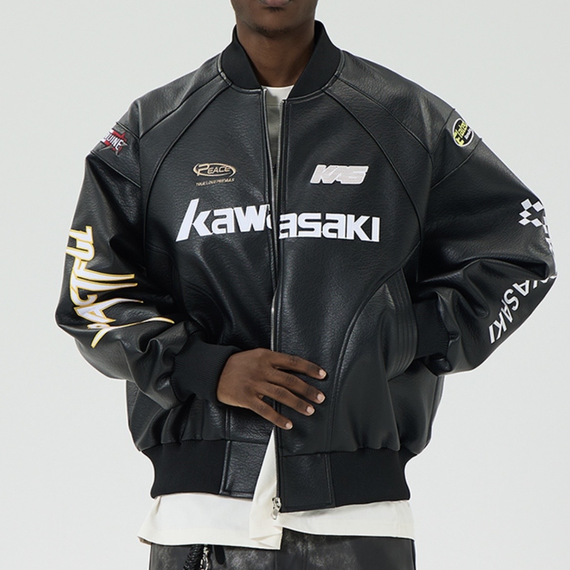 Kawasaki 美式復古 賽車風刺繡皮外套 KSJSWZPY001YH425